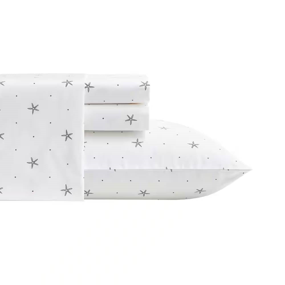King size Coastal Beach Starfish White Navy Red 100-Percent Cotton Sheet Set, percale