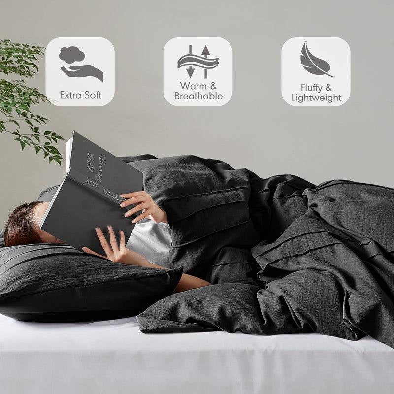 King size Pre-Washed Pleated Microfiber Comforter Set in Black