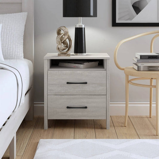 Modern Farmhouse Bedroom 2-Drawer Bedside Table Nightstand in Grey Wood Finish