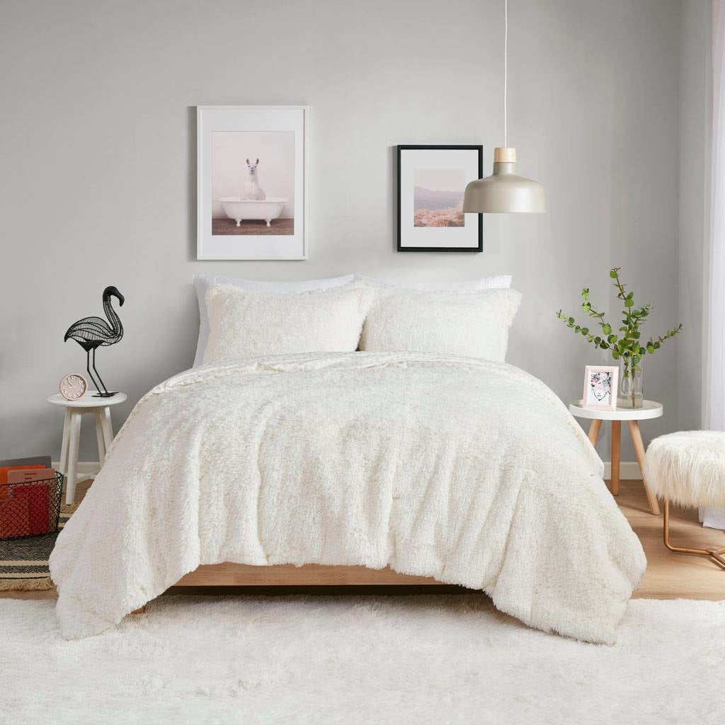 Full/Queen size Reversible Soft Sherpa Faux Fur 3-Piece Comforter Set in Ivory, microfiber