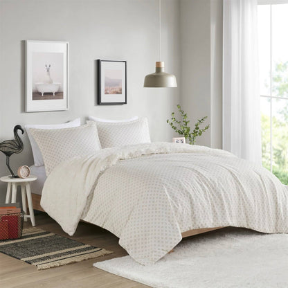 Full/Queen size Reversible Soft Sherpa Faux Fur 3-Piece Comforter Set in Ivory, microfiber