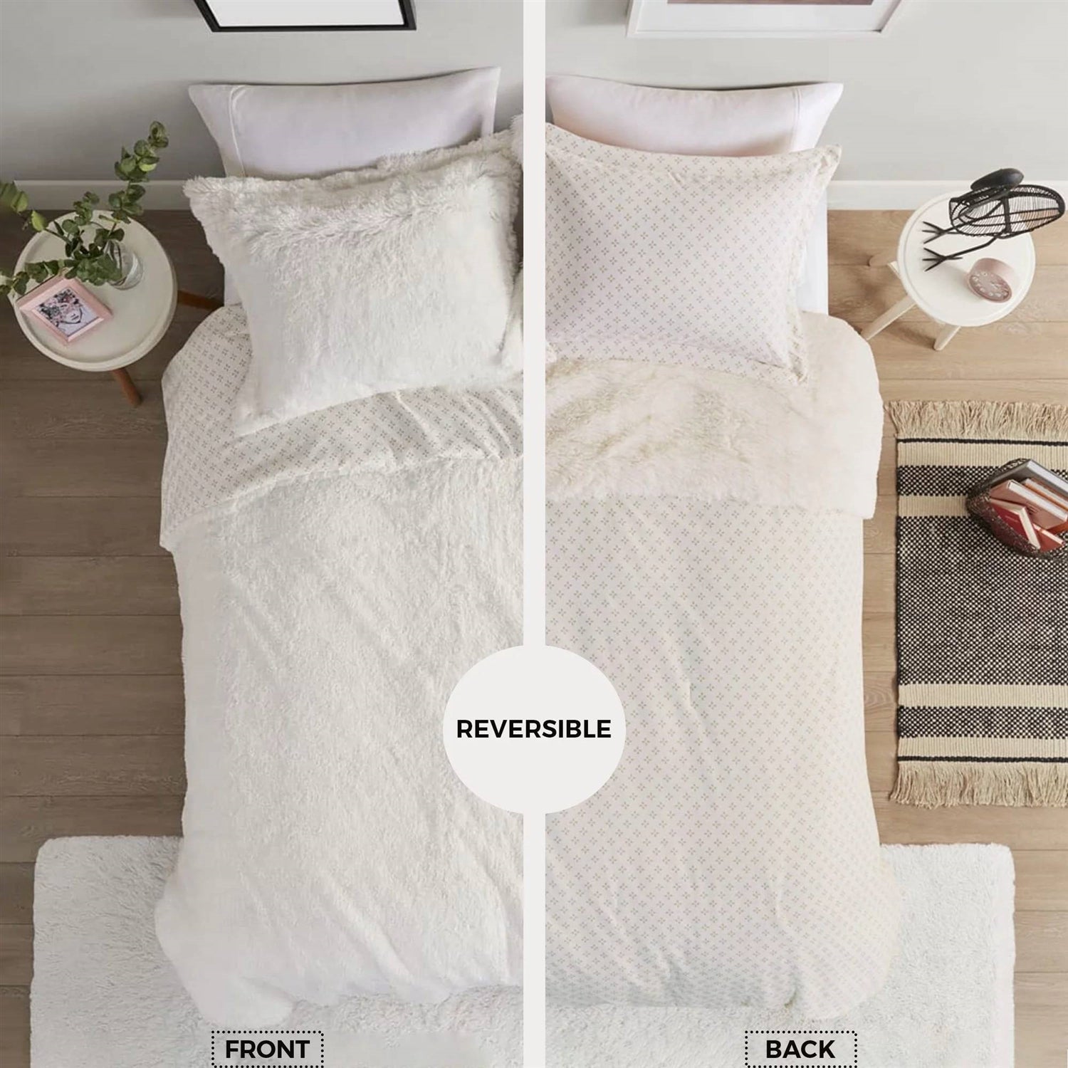 Full/Queen size Reversible Soft Sherpa Faux Fur 3-Piece Comforter Set in Ivory, microfiber