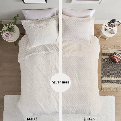 Full/Queen size Reversible Soft Sherpa Faux Fur 3-Piece Comforter Set in Ivory, microfiber