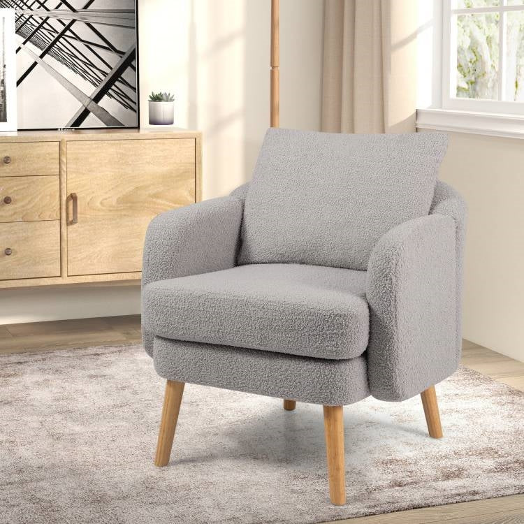 Modern Grey Sherpa Fabric Upholstered Accent Chair with Wooden Legs