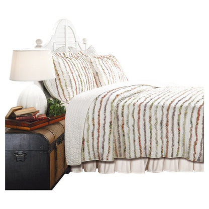 King 100% Cotton 3-Piece Oversized Quilt Set with Ruffle Stripes, linen