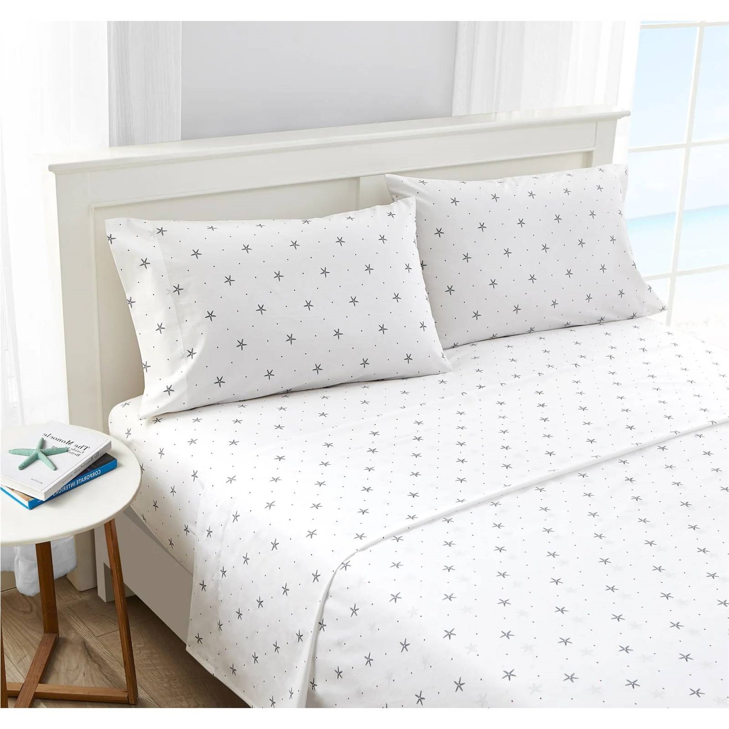 King size Coastal Beach Starfish White Navy Red 100-Percent Cotton Sheet Set, percale