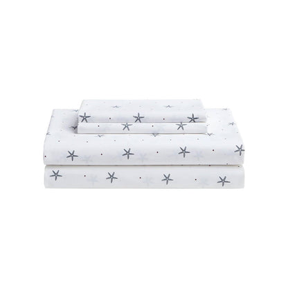 King size Coastal Beach Starfish White Navy Red 100-Percent Cotton Sheet Set, percale