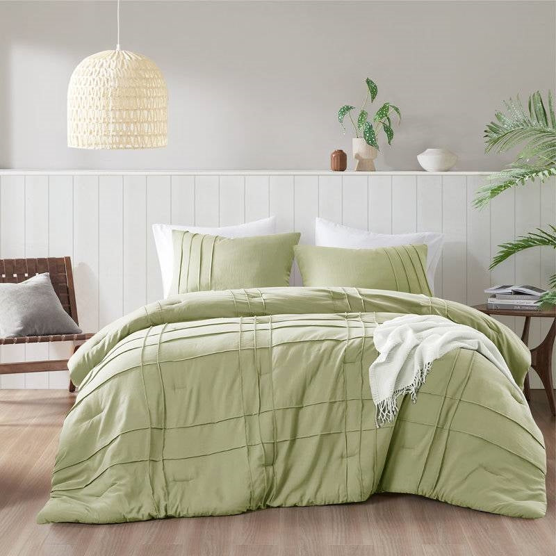 King size Microfiber Pleated Lightweight Soft Comforter Set in Sage Green