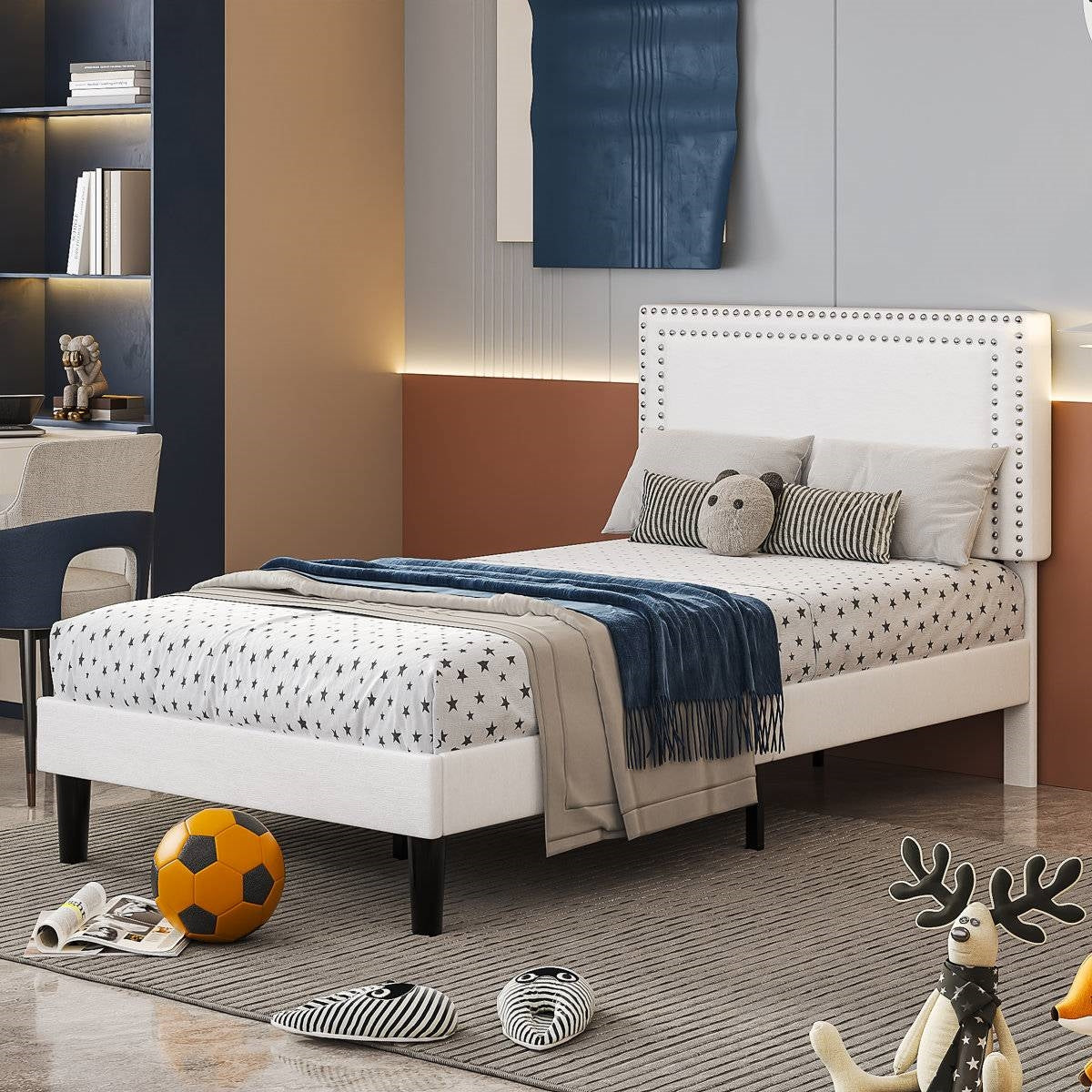 Set of 2 - Twin size White Tufted Upholstered Platform Bed Frame with Headboard