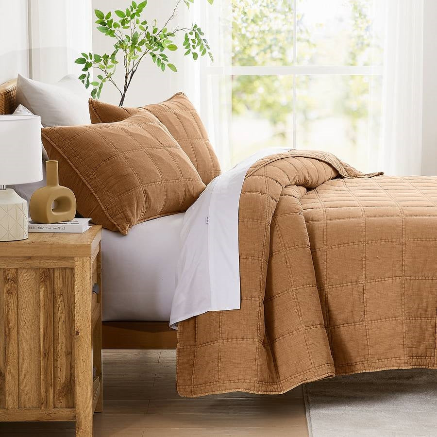 Full/Queen Size 3-Piece Taupe Brown Sienna Faded Stone Washed Cotton Quilt Set