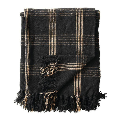 Woven Cotton Blend Throw Blanket with Fringe, Black & Tan Plaid